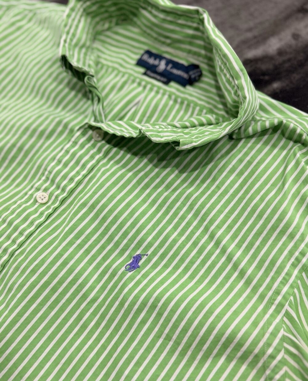 Polo Ralph Lauren Mens XL Custom Fit Green Stripe Button Up Shirt Preppy Oxford